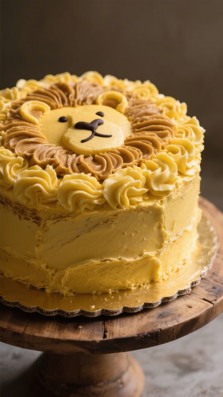 45-degree close-up of the No-Fuss Lion Face Cake: a 9-inch round yellow cake on a rustic cake stand, rich golden buttercream base with salted-butter notes, thick piped rosettes and ruffles forming a textured “mane” around the perimeter, minimal facial features in darker frosting for contrast, warm tones and gentle side light emphasizing buttery swirls and plush crumb.