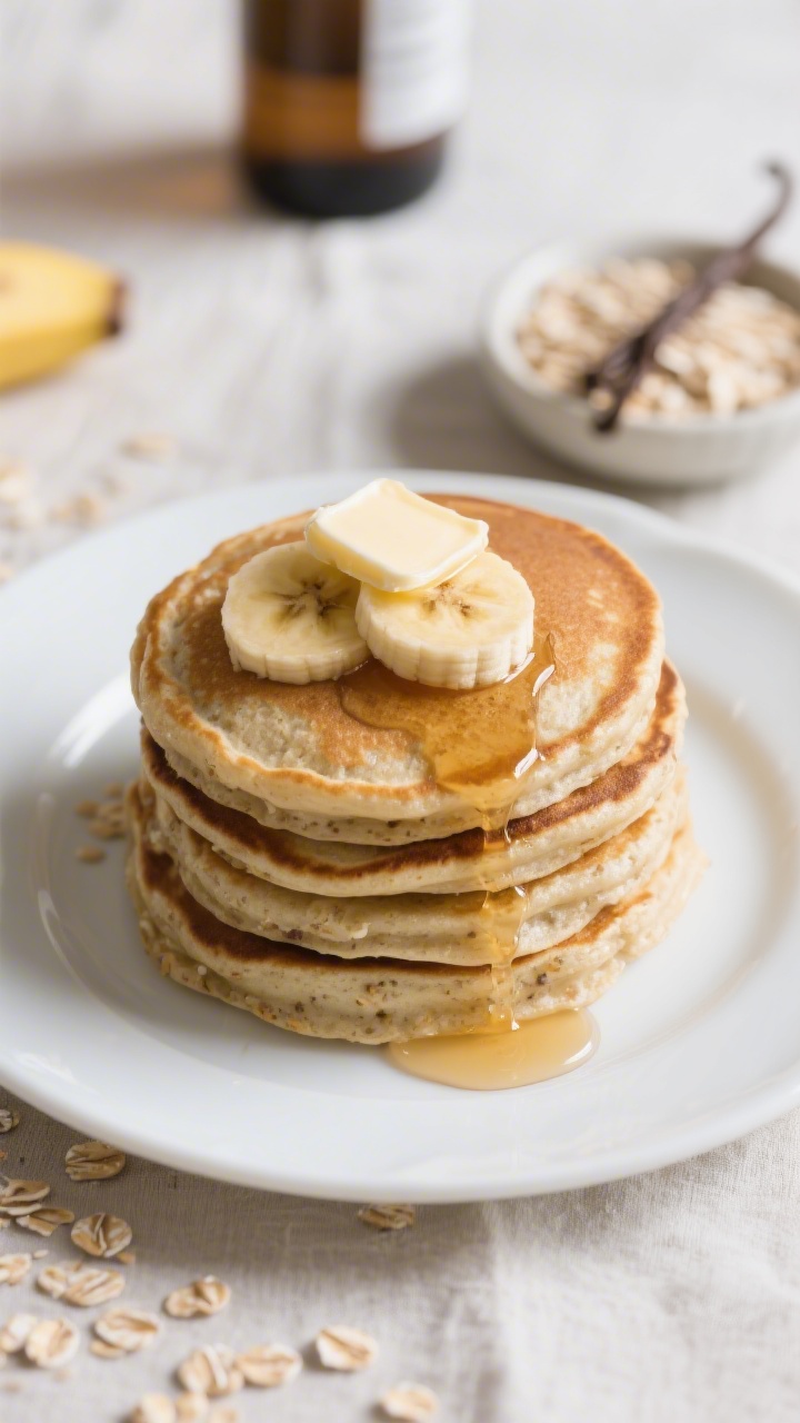 45-degree close-up stack of fluffy banana oat pancakes: thick, tender pancakes made from mashed ripe banana, egg, milk, vanilla, quick oats, and baking powder, lightly golden with a nubby oat texture, topped with banana slices and a small pat of melting butter; a drizzle of warm maple syrup cascading down the sides, a small bowl of quick oats and a vanilla bottle blurred in the background; morning light, clean white plate on a neutral linen, emphasizing height and softness.