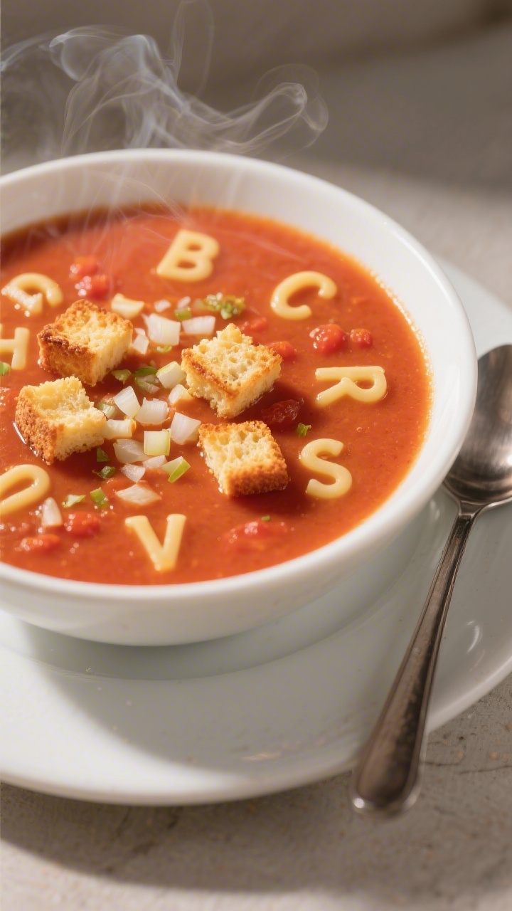 45-degree cozy bowl shot of creamy tomato alphabet soup with grilled cheese croutons: velvety tomato base made from butter-sweated very finely chopped onion and minced garlic, then tomato sauce simmered to creamy consistency; tiny alphabet pasta letters floating visibly; topped with bite-size golden grilled cheese croutons scattered over the surface; gentle steam rising, served in a wide white bowl with a spoon to the side; warm, comforting mood.