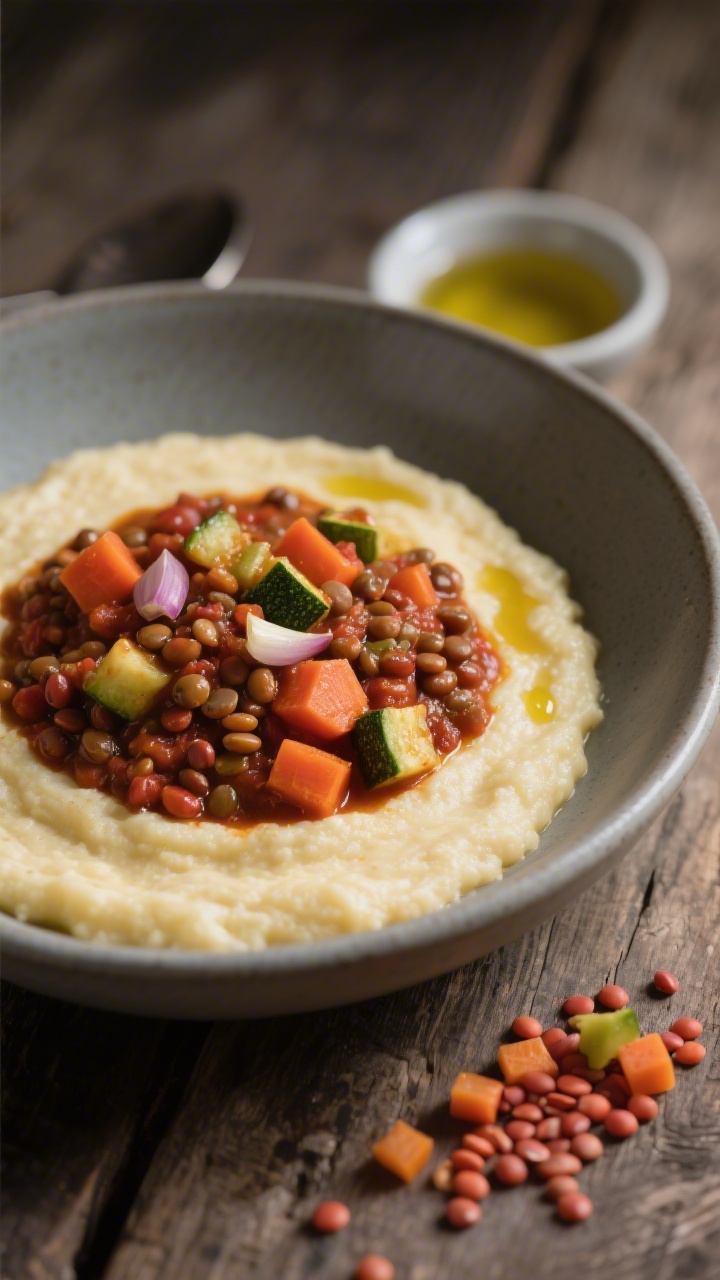 45-degree cozy bowl shot of lentil and veggie mini stew with soft polenta: creamy spoonable polenta as the base, topped with a hearty red-lentil stew studded with finely diced carrot, zucchini, tiny onion pieces, and a hint of garlic, finished with a drizzle of olive oil. The stew is thick and rustic, with warm red-gold tones from the lentils. Include a small side dish of extra olive oil and a scattering of uncooked red lentils and diced veg for context. Soft, moody light, matte ceramic bowl on a rustic wood surface for comfort-food ambiance.