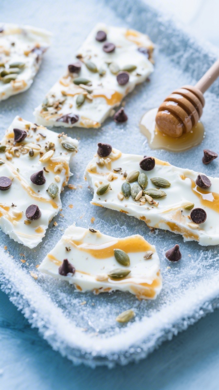 45-degree freezer-to-table scene of yogurt bark shards on a frosty baking sheet: creamy Greek yogurt base marbled with honey and vanilla, studded with mini chocolate chips or cacao nibs, sprinkled with hemp hearts and hidden seeds peeking through; edges slightly frosted, broken into irregular pieces; a honey dipper with a thin trail, cool bluish light to emphasize frozen texture, crisp focus on toppings.