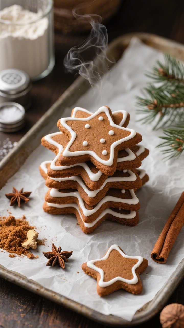 45-degree hero shot of frosted gingerbread star cookies arranged in a staggered stack on a parchment-lined baking tray: deep caramel-brown stars with smooth white icing outlines and minimal dot details. Include aromatic spice cues and ingredients styled nearby: small piles of ground ginger, cinnamon, cloves, and nutmeg, canisters of all-purpose flour, baking soda, and a pinch of salt. Subtle steam-like warmth suggested by soft backlighting, matte icing contrasted with slightly glossy cookie surface, festive but refined mood with a sprig of evergreen and a cinnamon stick, razor-sharp focus on edges and icing texture.