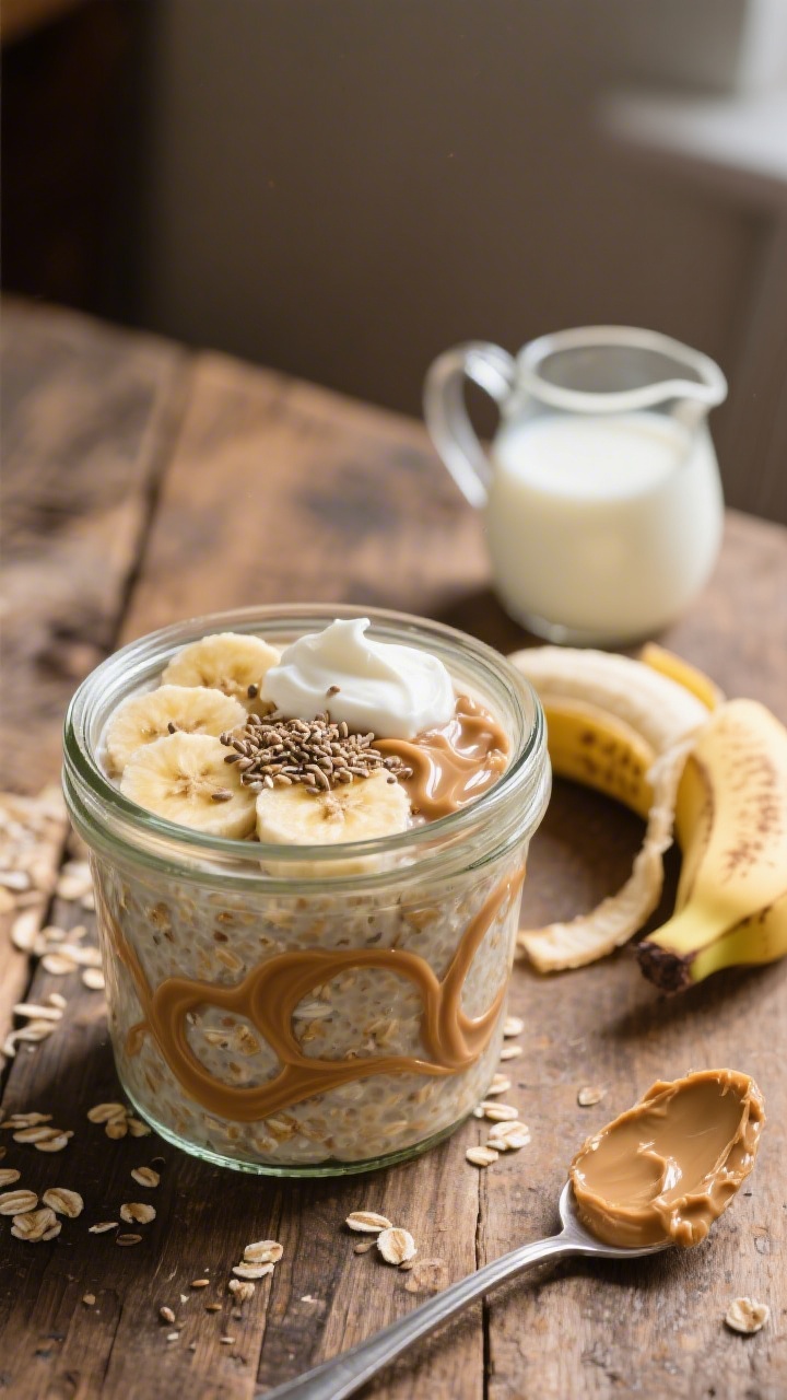 45-degree jar shot of peanut butter banana overnight oats: glass jar filled with creamy rolled oats, swirled peanut butter ribbons, mashed banana blended throughout, flecks of ground flax on top, and a dollop of plain Greek yogurt; splash of milk in a mini pitcher beside, half banana with peel, and a spoon with a smear of peanut butter; cozy morning vibe on a rustic wooden table, soft side light highlighting texture.