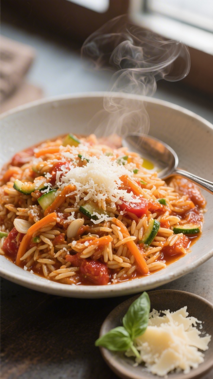 45-degree plated bowl shot of Cozy Tomato-Parmesan Orzo with Hidden Veggie Boost: glossy orzo coated in a silky tomato sauce studded with finely grated carrot and zucchini, hints of garlic aroma, finished with a generous snowfall of grated Parmesan and a drizzle of olive oil; steam rising, spoon resting in the bowl, a small dish of extra Parmesan and a few basil leaves for color; warm, comforting mood with soft window light and subtle shadows.