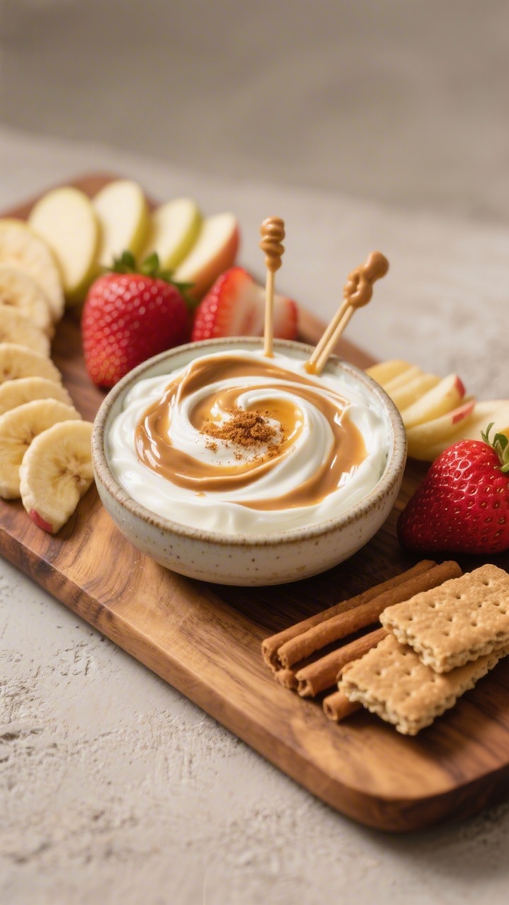 45-degree plated dip-and-fruit board for Greek Yogurt Fruit Dip With Peanut Butter Swirl: a small ceramic bowl of thick plain Greek yogurt ribboned with a glossy peanut butter swirl, honey drizzle and a pinch of cinnamon on top, surrounded by neatly arranged apple slices, strawberries, banana coins, and graham sticks for dipping, warm wood board, soft highlights emphasizing creamy texture and swirl definition.