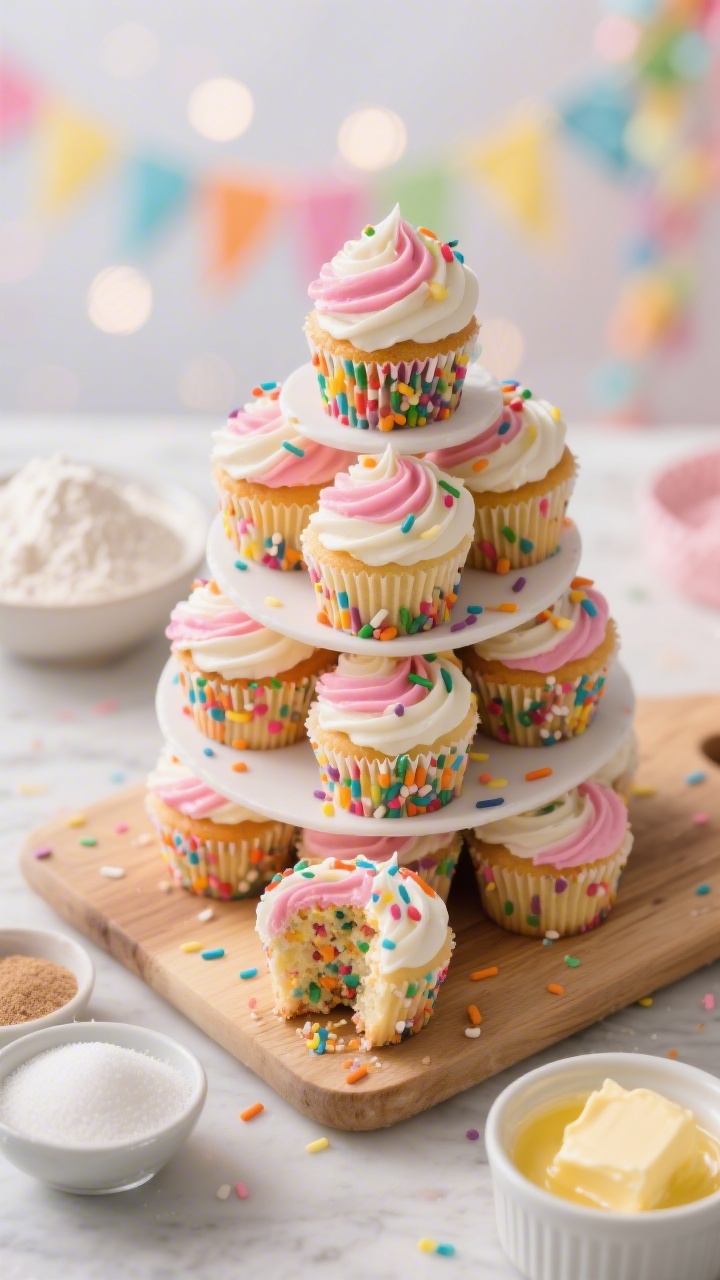 45-degree plated presentation of a Funfetti Cupcake Tower: multiple confetti-studded cupcakes stacked into a small tiered tower, each crowned with a neat two-color swirl frosting (pink and white), rainbow sprinkles scattered on top and the board; one cupcake cut open in front to show colorful sprinkle crumb; nearby mise en place hints include a small bowl of all-purpose flour, granulated sugar, baking powder, baking soda, and a ramekin of melted-and-cooled unsalted butter, cheerful party backdrop with soft bokeh.