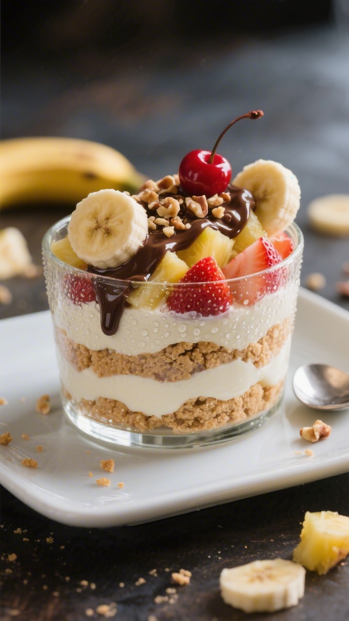 45-degree plated presentation of a No-Bake Banana Split Parfait served in a clear glass: layers of crushed graham cookies, vanilla yogurt, and sliced ripe bananas (2 large) alternating with diced strawberries and pineapple, topped with a glossy drizzle of chocolate sauce, a sprinkle of chopped nuts, and a single maraschino cherry. Condensation beads on the glass, soft evening light, creamy and juicy textures emphasized, background blur with scattered banana slices and a spoon.