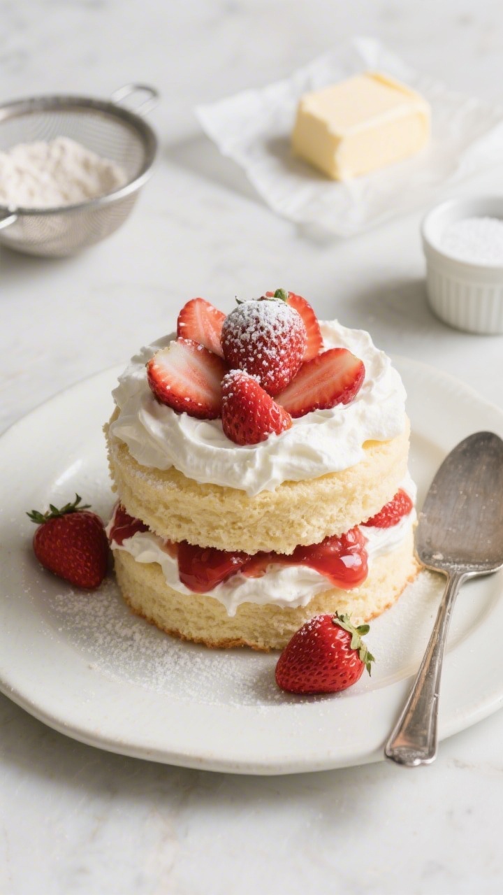45-degree plated presentation of a Strawberries-and-Cream Shortcake Layer: tender cake layers made from cake flour stacked with billowy whipped cream and glossy macerated strawberries cascading between layers, a few fresh berries and powdered sugar dust on top. Include subtle nods to ingredients—cake flour in a sieve, a pat of room-temperature unsalted butter on parchment, and a ramekin of granulated sugar off to the side. Clean, elegant styling on a pale ceramic plate with a silver cake server, soft daylight to highlight airy crumb and juicy strawberry sheen, refined yet approachable mood.