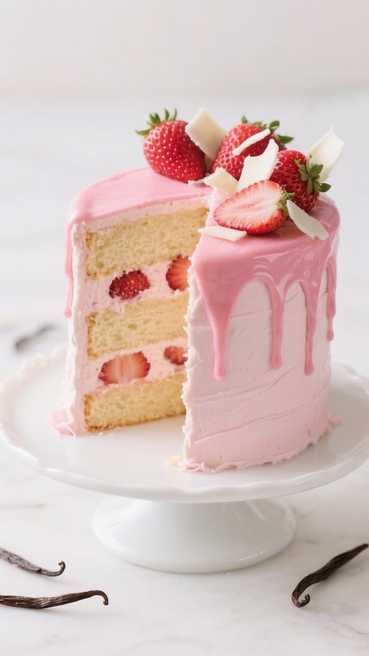 45-degree plated presentation of a Strawberry Princess Drip Cake: tall vanilla bean layer cake (cake flour, baking powder, salt, unsalted butter, sugar, egg whites, vanilla bean paste, whole milk) filled with pale pink strawberry buttercream, glossy pink strawberry drip cascading down the sides, crowned with fresh strawberries and delicate white chocolate shards; smooth crumb coat with sharp edges on a white cake stand, soft diffused light, elegant princess theme, clean background with a few scattered vanilla bean pods.
