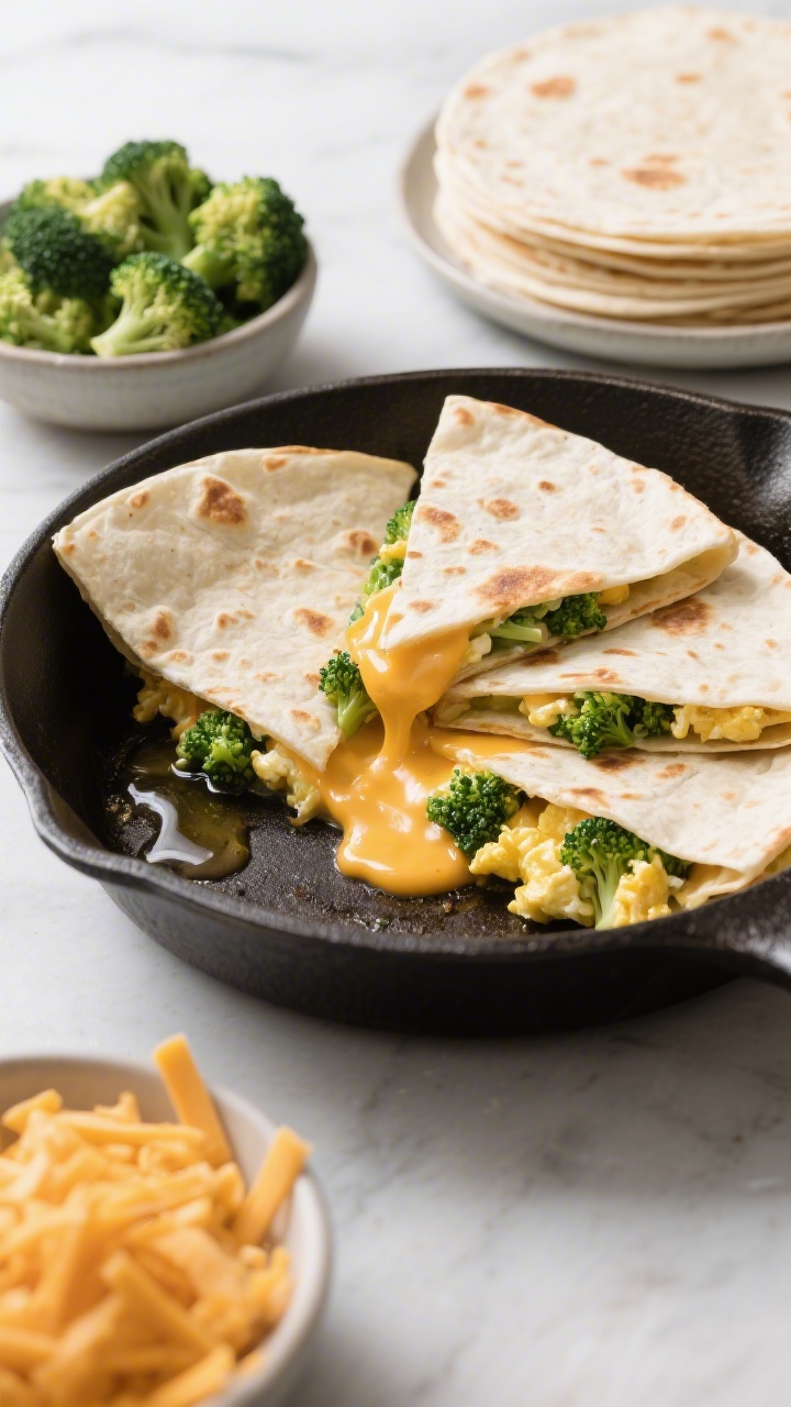 45-degree plated presentation of cheesy broccoli breakfast quesadillas sliced into wedges: soft flour tortillas with golden spots, oozing melted mild cheddar, finely chopped steamed broccoli and softly scrambled eggs visible at the cut edge; set on a cast-iron skillet with a brush of butter/olive oil shine; nearby bowls of extra broccoli florets and shredded cheddar, plus stacked 6-inch tortillas; bright, quick weekday-morning energy, crisp focus on gooey cheese pull.