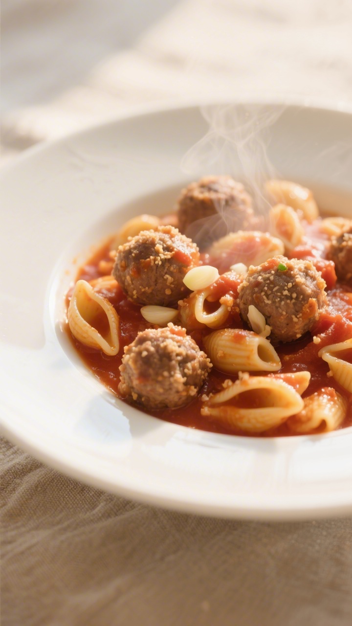 45-degree plated presentation of cozy mini meatball pasta with sneaky marinara: ditalini/mini shells/elbows coated in a smooth tomato marinara, dotted with small turkey/chicken meatballs flecked with fine breadcrumbs and a hint of garlic; gentle steam rising, sauce clinging to the pasta curves; served in a shallow white bowl on a neutral linen, minimal garnish, warm golden light emphasizing comfort and kid appeal.
