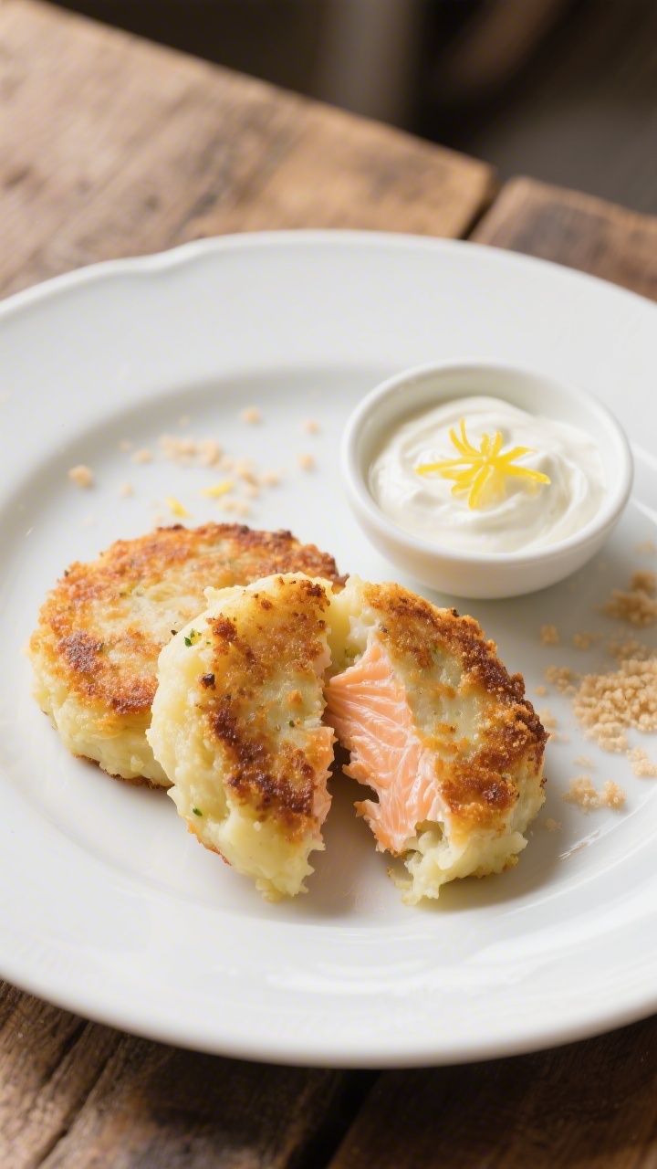 45-degree plated presentation of cozy salmon potato cakes with lemon yogurt dip: round, lightly breaded patties pan-seared to a golden crust, flaky salmon and creamy mashed potato interior visible in one split cake; served with a small bowl of tangy lemon yogurt dip garnished with lemon zest. A few breadcrumbs sprinkled on the plate for texture, clean white plate on a rustic wood table. Soft daylight, emphasis on crisp exterior and moist interior.
