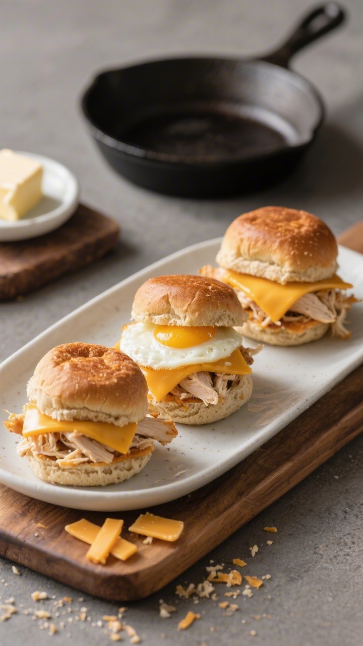 45-degree plated presentation of mini chicken and cheese breakfast sliders: whole grain slider buns lightly toasted, layered with shredded rotisserie chicken, a fluffy folded egg, and melty mild cheddar/provolone halves; a pat of butter and a skillet in the background suggesting the cook process; arranged on a wooden board with a few cheese shavings and crumbs for natural styling.