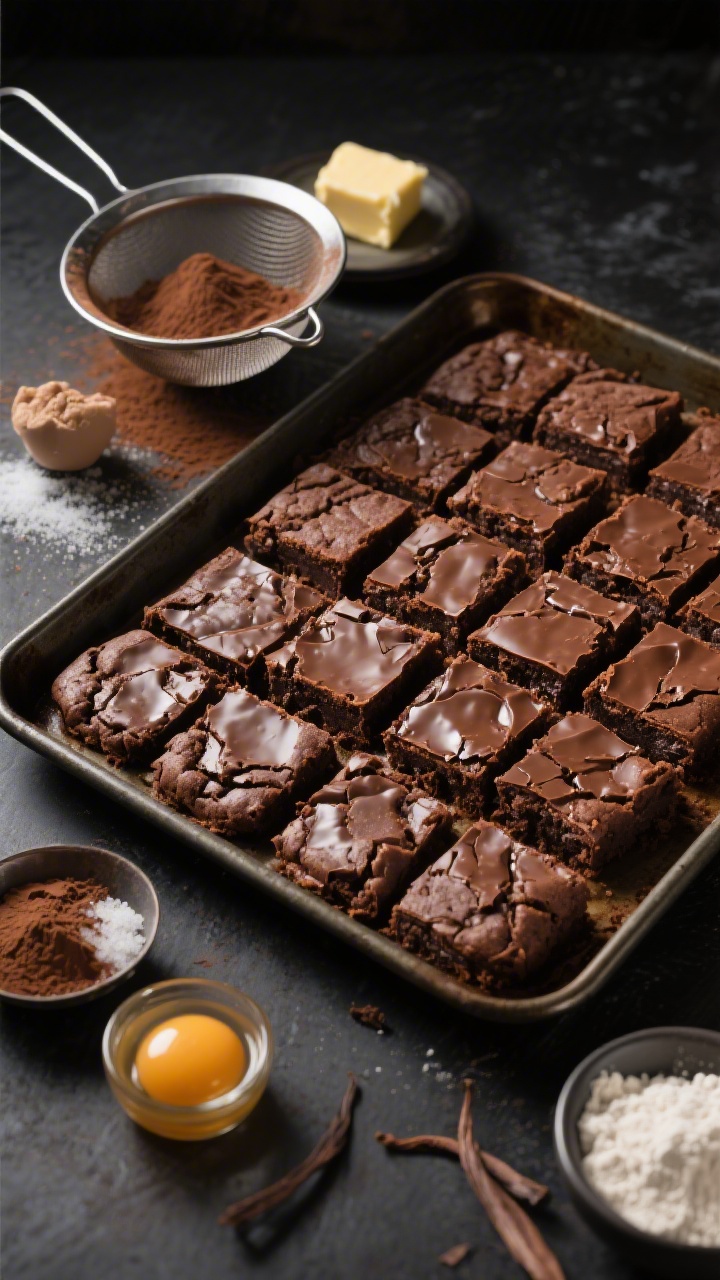 45-degree plated presentation of sheet pan brownie-cookies sliced into neat squares with fudgy centers and glossy crackled tops, rich cocoa color; a sieve dusted with a whisper of cocoa nearby; ingredients subtly staged: unsalted butter, granulated sugar, unsweetened cocoa powder, fine salt, an egg, vanilla extract, and all-purpose flour measured out; party-ready vibe on a dark metal sheet pan for contrast, dramatic side lighting to highlight the shiny crust and dense crumb.