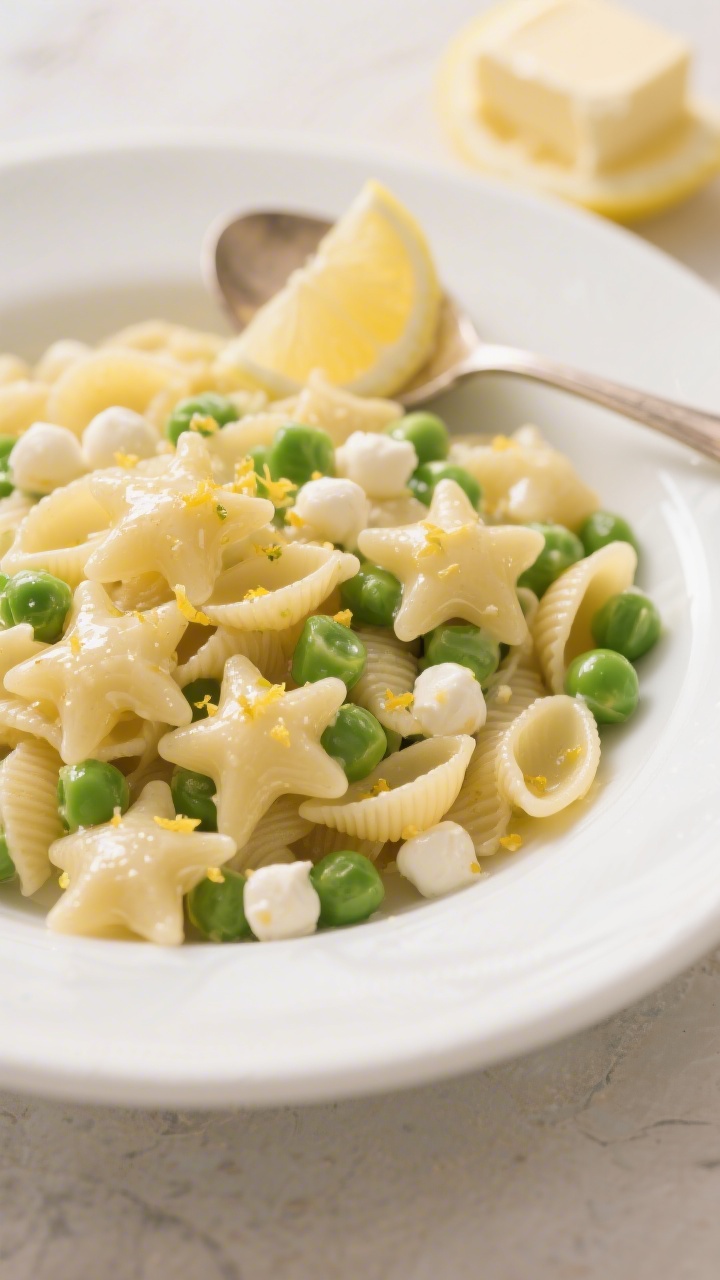 45-degree plated presentation of soft pasta salad stars: tiny pasta (stelline/ditalini/small shells) glistening with a light lemon-butter and olive oil sheen, tossed with sweet green peas and tiny mozzarella pearls; flecks of fresh lemon zest visible; served in a shallow white bowl with a small spoon, a lemon wedge and a pat of butter in the background; gentle, warm light highlighting the glossy sauce and soft textures for toddler-friendly appeal.