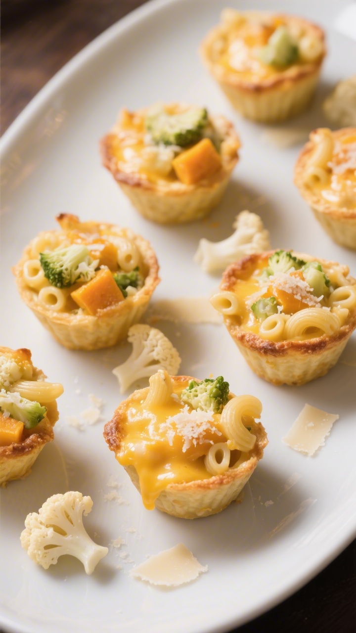 45-degree plated presentation of veggie mac-and-cheese cups: individual golden-baked cups made from al dente elbow macaroni bound with egg and milk, studded with finely chopped steamed cauliflower (or butternut squash) and oozing sharp cheddar with a hint of grated Parmesan on top; arranged on a white ceramic plate with a few Parmesan shavings and tiny cauliflower florets as garnish, warm, cozy light emphasizing cheesy pull and crisped edges.