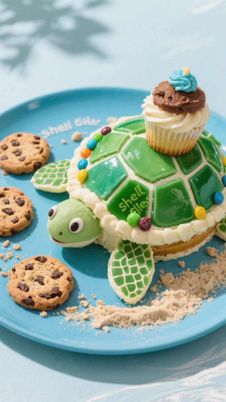 45-degree plated scene of the Ocean Buddy Turtle Cake: an 8-inch vanilla cake as the turtle shell topped with glossy green-tinted buttercream, mosaic “shell tiles” made from candies, a cupcake attached as the head, four large chocolate chip cookies as flippers clearly visible, set on a blue-tinted platter with crushed cookie “sand,” bright natural light highlighting textures and whimsical ocean vibe.