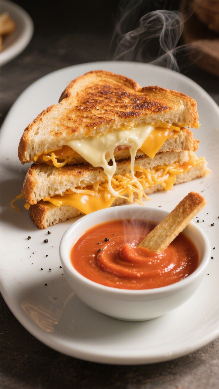 45-degree plated scene of The Ultimate Grilled Cheese Dipper with Tomato Soup Spread: thick sourdough (or wheat) grilled to deep golden with softened butter, stuffed with a gooey blend of shredded cheddar-jack, a slice of provolone for stretchy melt, and a swipe of cream cheese for richness. Cut into dunkable strips, stacked beside a shallow bowl of smooth tomato soup for dipping, with visible steam and a light sprinkle of black pepper. Emphasize cheese pull, crisp edges, and cozy comfort-food mood.