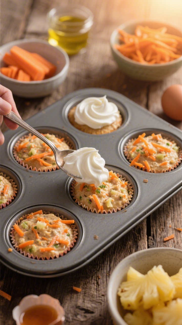 45-degree process shot of Carrot Cake Morning Muffins being filled: muffin tin halfway filled with batter visibly flecked with finely grated carrots and bits of well-drained crushed pineapple; a spoon dolloping a creamy Greek yogurt swirl on top of each cup; nearby bowls hold grated carrots, pineapple, maple syrup, light olive oil, and eggs; warm sunrise lighting, rustic wood surface, emphasis on texture and swirl.