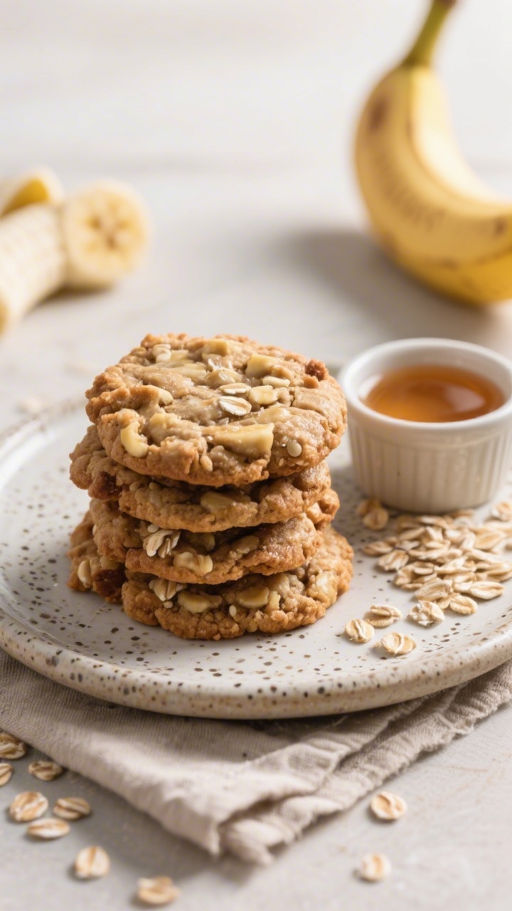 45-degree rustic breakfast scene: Banana Oat Breakfast Cookies piled on a speckled stoneware plate; visible oat flecks, mashed banana moisture giving a naturally glossy crumb, and a subtle sheen from peanut butter or almond butter. A small ramekin of maple syrup or honey off to the side (optional), scattered quick oats and a halved ripe banana in the background. Warm morning light, linen napkin, wholesome, feel-good mood, crisp focus on hearty texture.
