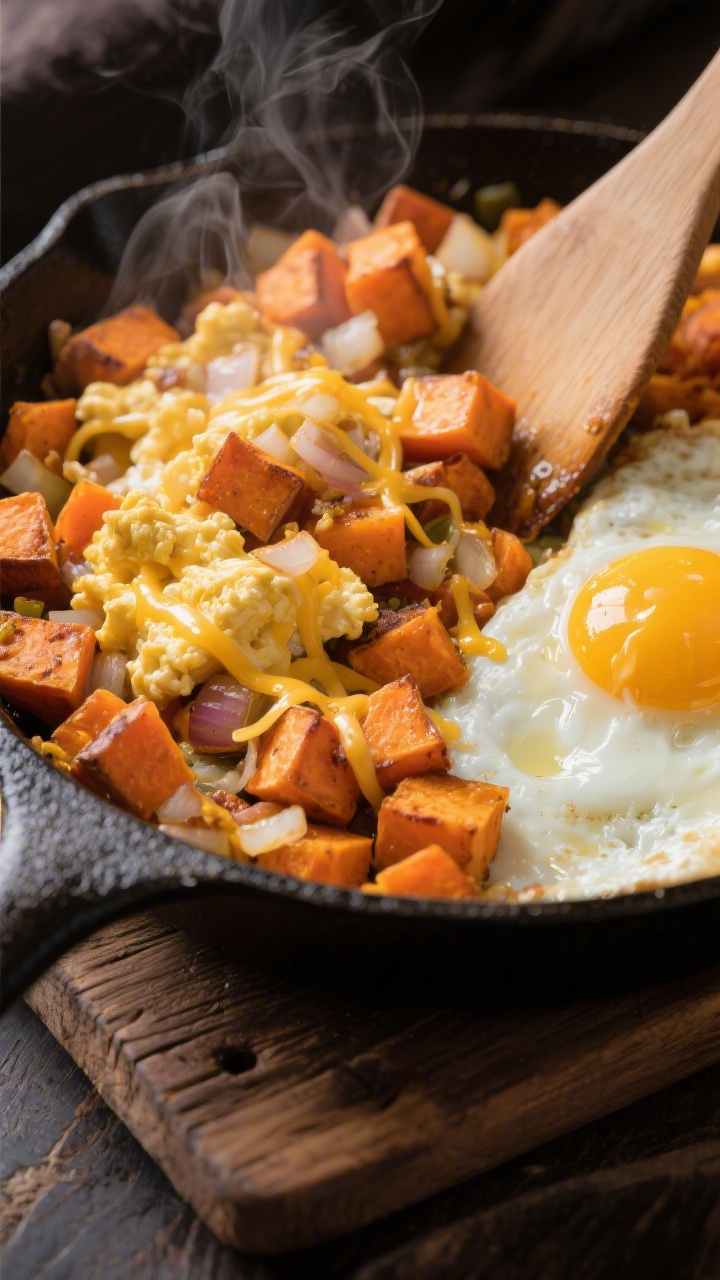 45-degree skillet scene of cheesy sweet potato breakfast hash with soft scramble: small 1/4-inch diced sweet potato cubes caramelizing in olive oil/butter with very finely chopped onion; melty cheese threads pulling across the orange-hued hash; pillowy soft-scrambled eggs gently folded in on one side, still glossy; a wooden spatula tucking under the hash, steam visible; dark matte skillet on a rustic wooden board, warm color palette emphasizing sweet potato orange and golden egg richness