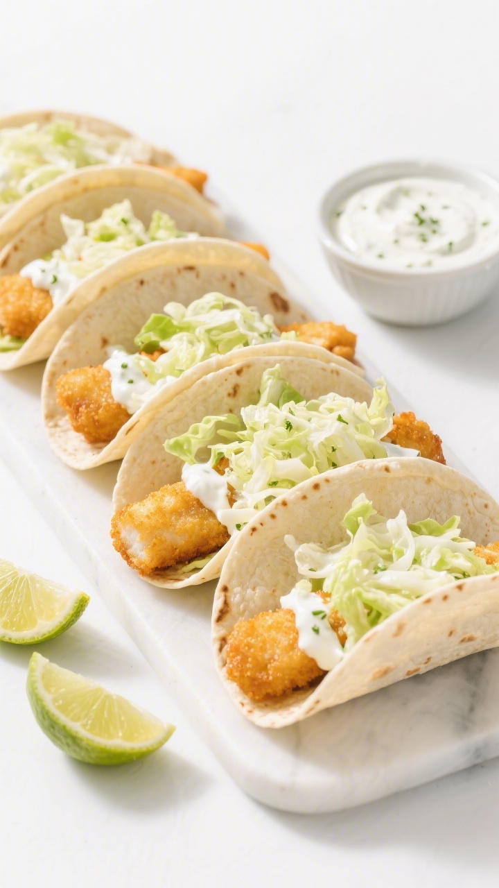 45-degree taco board scene of five-ingredient fish stick tacos: mini flour tortillas filled with crispy golden fish sticks, a fluffy pile of finely shredded lettuce/cabbage for crunch, and a generous drizzle of thick yogurt-lime dip (visible lime zest flecks); lime wedges and a small bowl of the yogurt sauce on the side, bright vibrant tones, clean white background, no extra garnishes.