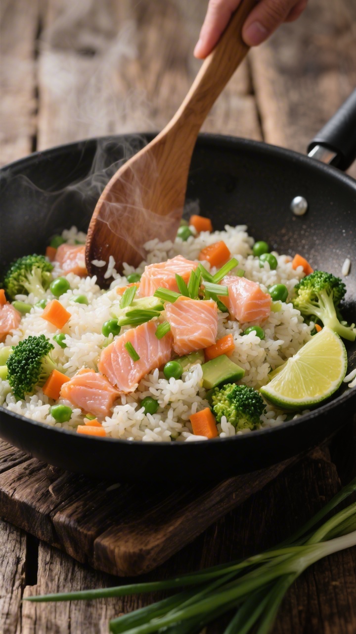 45-degree wok action shot of mild salmon veggie fried rice: glossy grains of chilled jasmine/short-grain rice tossed with finely diced carrot, frozen peas, and finely chopped broccoli florets; tender pink salmon flakes folded in, no visible soy sauce, just a light sheen from avocado/olive oil; a wooden spatula mid-stir, a hint of steam; presented in a black carbon-steel pan on a rustic wood surface with lime wedge and scallion greens as garnish.