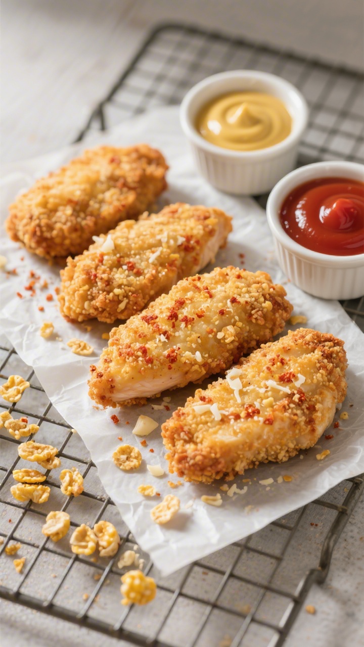 5-inch chicken breast nuggets baked to a deep golden crunch, cornflake crumb and Parmesan crust with paprika and garlic powder speckling; served on a parchment-lined wire rack with a ramekin of ketchup and a second ramekin of honey-mustard, a few crushed cornflake crumbs scattered, crisp texture highlighted with side lighting.