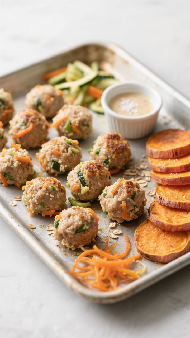 A 45-degree angle baking-sheet scene of rainbow turkey veggie meatballs fresh from the oven: juicy 93% lean turkey meatballs studded with finely grated carrot and zucchini, tiny breadcrumb/oat flour flecks visible, light golden crust, paired with neatly arranged roasted sweet potato coins glistening with a light sheen. Include a small ramekin of mild dipping sauce, a sprinkle of sea salt, and a few raw grated veggie strands on the side. Neutral background, crisp focus on texture, minimal props, professional food styling.