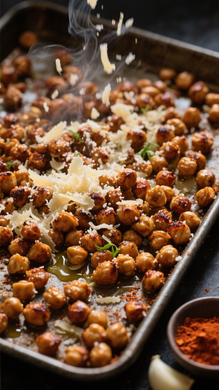 A 45-degree angle baking sheet shot of crunchy roasted chickpeas: evenly browned, blistered chickpeas tossed with olive oil, salt, garlic powder, a hint of smoked paprika, and dusted generously with finely grated Parmesan; wisps of steam, micro-grated cheese falling mid-air, and a small bowl of paprika and garlic powder at the corner; moody light highlighting the crisp, rough texture.