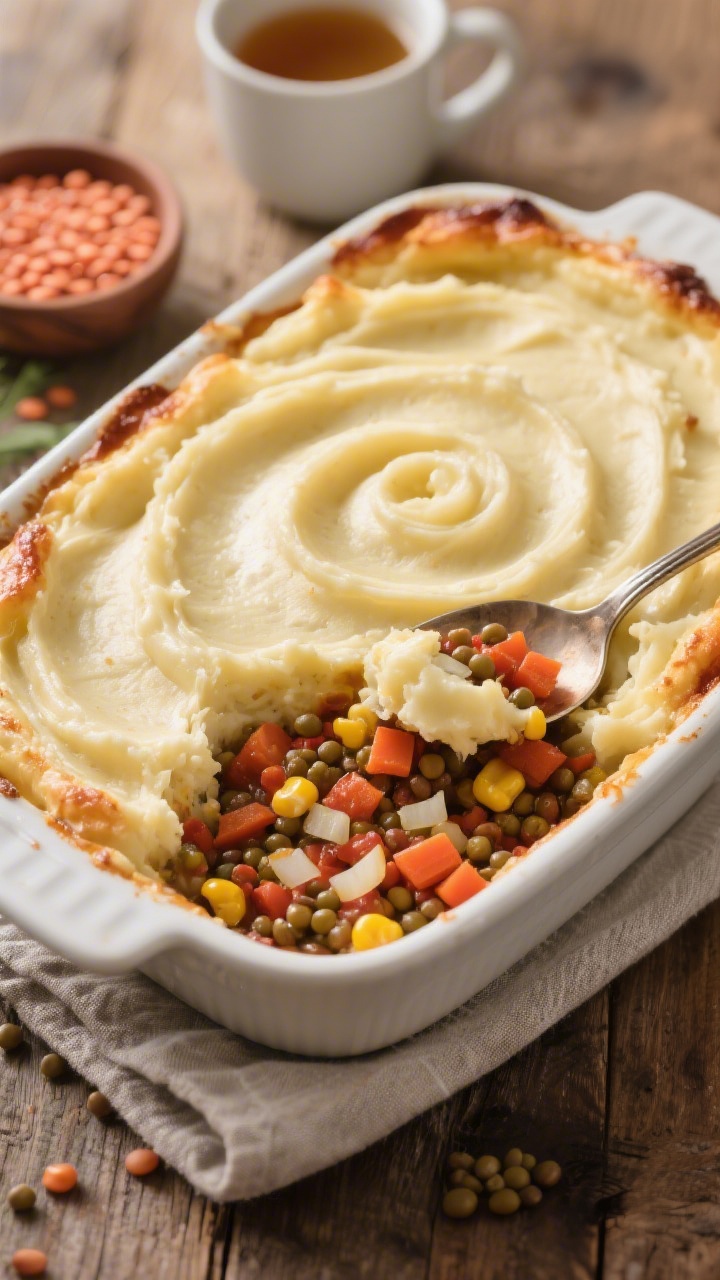 A 45-degree angle casserole shot of silky lentil and sweet corn cottage pie fresh from the oven: a smooth, pale-golden mashed topping swirled on top, with a spoon revealing the saucy red lentil and sweet corn filling beneath, studded with finely chopped onion and carrot. Set in a white ceramic baking dish on a rustic table, with a small bowl of rinsed red lentils and a cup of vegetable broth nearby. Warm, comforting tones and gentle highlights to emphasize the creamy, spoonable texture.