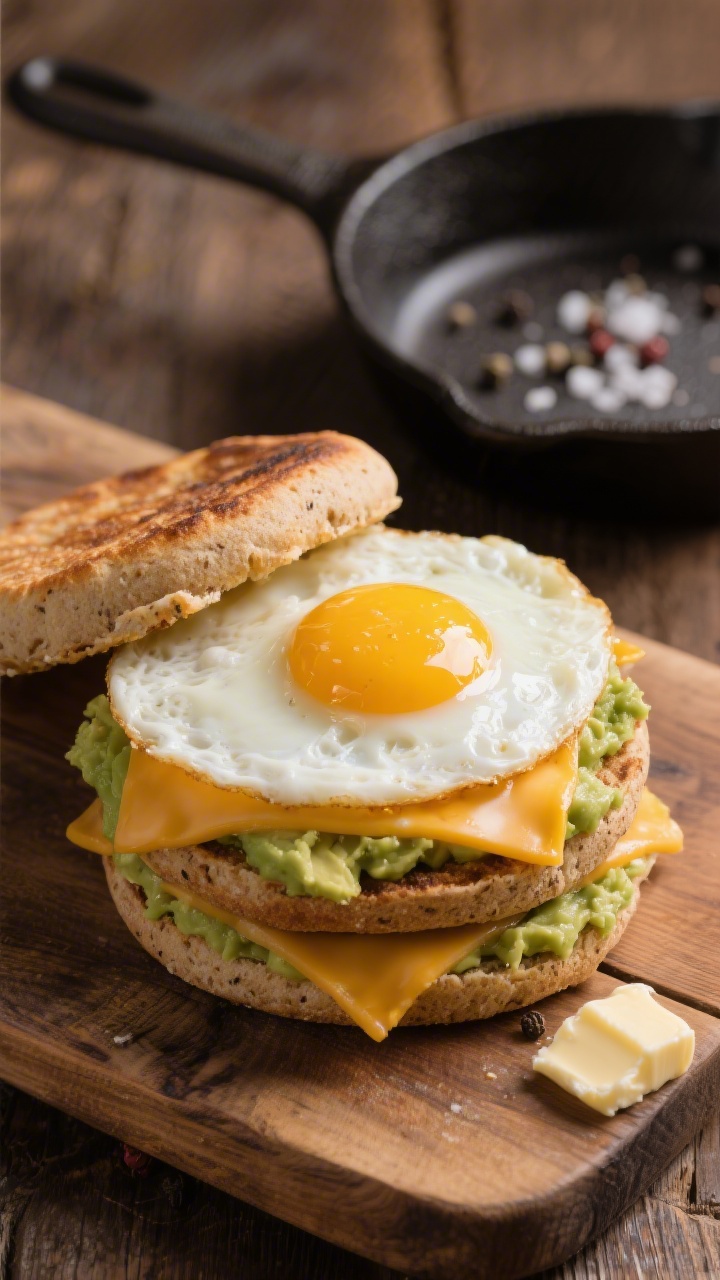 A 45-degree angle close-up of a 5-minute egg-and-avocado English muffin stack: toasted whole-grain English muffin halves layered with creamy mashed avocado, a freshly fried egg with set whites and a glossy yolk, melted cheddar cascading over the sides, a pat of butter melting in a small skillet in the background; pinch of salt and pepper flecks visible; warm, toasty tones on a rustic wood board.