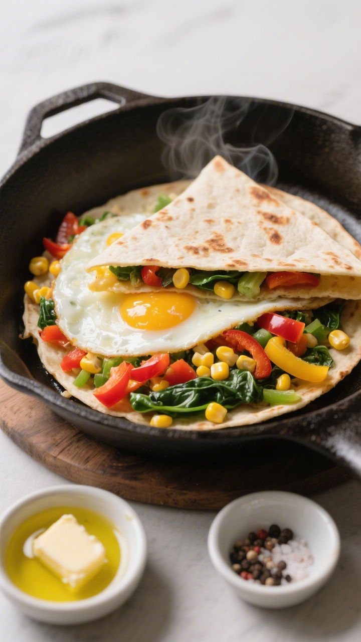 A 45-degree angle close-up of a sliced egg-and-veggie quesadilla on a cast-iron skillet, cheese just melted and eggs softly set; visible colorful mix of finely chopped bell peppers (red, yellow, green), spinach, and a scatter of corn kernels, with light browning on the tortilla; a small dish of butter and a drizzle of olive oil nearby, plus a pinch bowl of salt and pepper; steam rising slightly, vibrant breakfast mood, crisp edges and glossy sautéed veggies