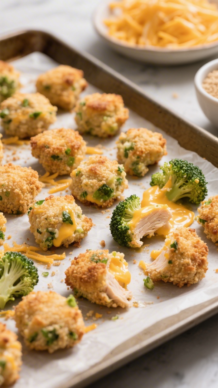 A 45-degree angle close-up of baked Cheesy Chicken Broccoli Bites on a parchment-lined sheet pan: golden, bite-size no-fry nuggets made from finely chopped cooked chicken, very finely chopped steamed broccoli, shredded cheddar, eggs, and whole-wheat breadcrumbs. Some bites broken open to reveal melty cheddar and green broccoli flecks. A small bowl of extra breadcrumbs and a pile of grated cheddar in the background. Warm, appetizing glow.