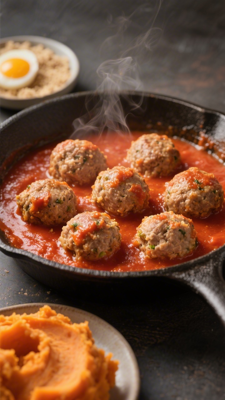 A 45-degree angle close-up of soft turkey and sweet potato meatballs nestled in a velvety tomato sauce, lightly simmering in a shallow skillet. The meatballs look tender and moist from mashed sweet potato and fine breadcrumbs, with a glossy, smooth tomato coating and gentle steam rising. Include a small side dish showing the mashed sweet potato, an egg, and breadcrumbs to hint at the mix; warm, cozy lighting emphasizing the orange and red hues, family-style comfort mood.