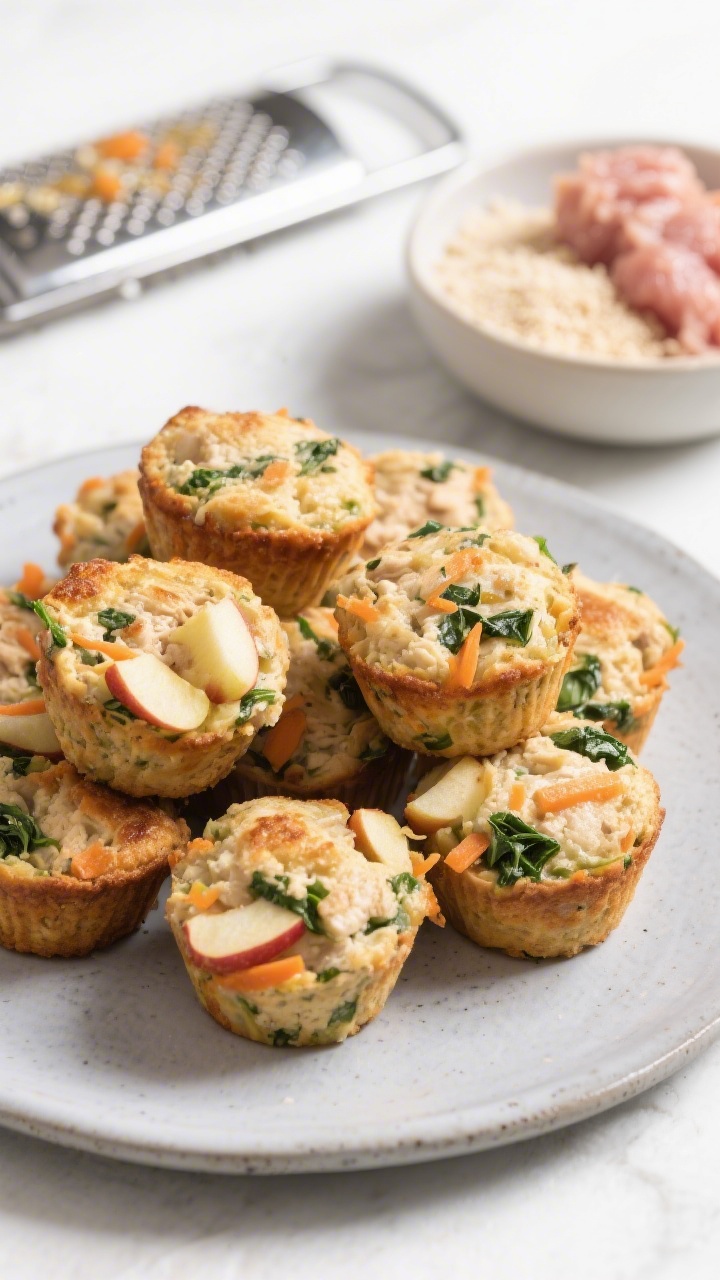 A 45-degree angle plated presentation of freezer-friendly chicken, apple, and veggie mini muffins piled on a matte ceramic plate, tops lightly browned and moist inside; visible bits of grated apple, very finely grated carrot, and chopped spinach studded throughout; a small bowl of plain breadcrumbs and a portion of raw ground chicken in the background, along with a grater flecked with apple juice; bright, clean studio light with soft shadows.