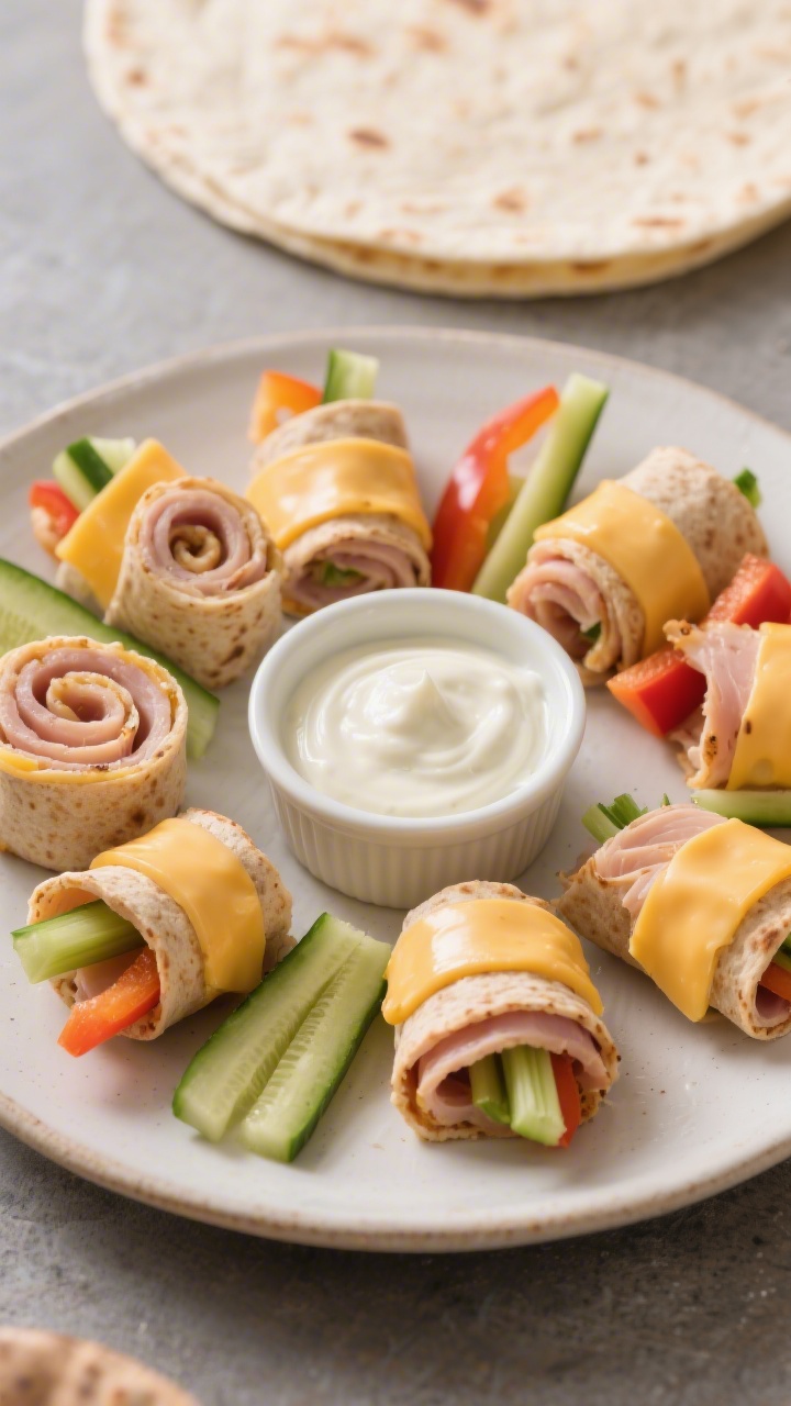 A 45-degree angle plated presentation of mini turkey cheddar roll-ups sliced into bite-size pinwheels: whole-wheat tortillas wrapped around deli turkey, halved cheddar slices, thin sticks of cucumber, and bell pepper strips, arranged in a neat ring around a small ramekin of ranch yogurt dip; garnish of extra veggie sticks and a folded tortilla in the background, soft natural light emphasizing the juicy turkey and melty cheese edges.