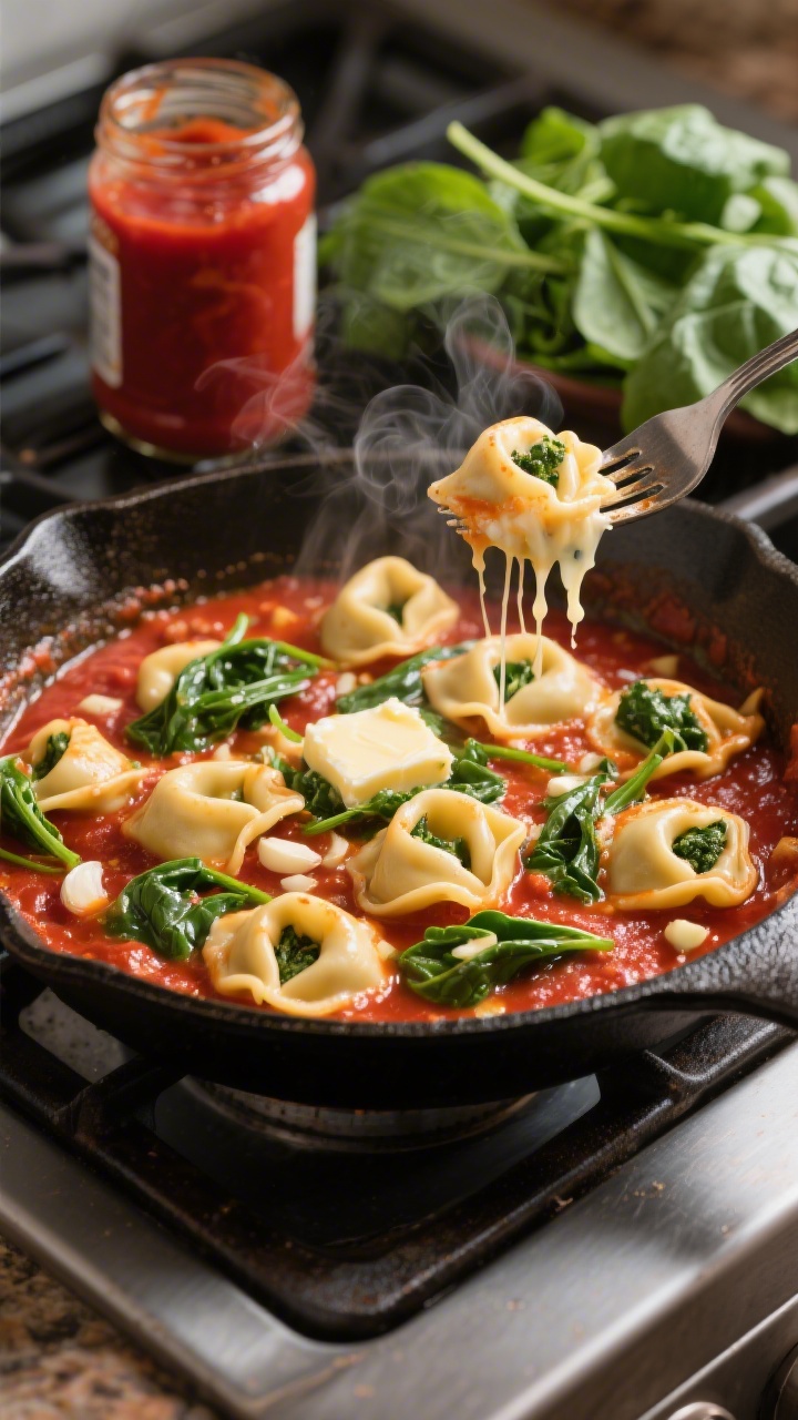 A 45-degree angle skillet scene of a 10-minute cheesy tortellini with hidden spinach: plump cheese tortellini simmering in a swirl of jarred marinara and low-sodium broth, ribbons of wilted baby spinach tucked between tortellini, butter melted in glossy pools, minced garlic peeking through the sauce; steam rising, cheese just starting to stretch on a fork above the pan; cast-iron skillet on a stovetop with a jar of marinara and a handful of fresh spinach leaves in the background; vibrant reds and greens, appetizing and fast weeknight vibe.