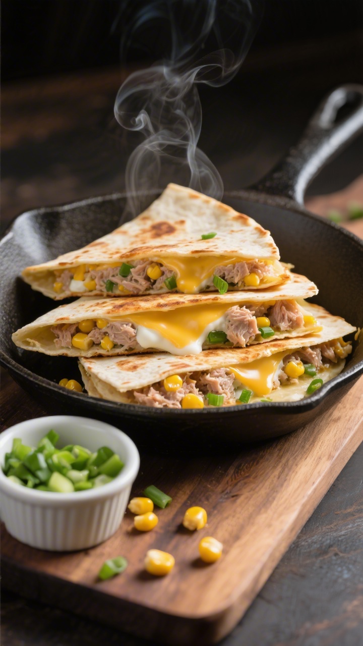 A 45-degree angle skillet-to-board presentation of Tuna Sweetcorn Melt Quesadillas: tortillas folded and crisped golden with a creamy filling of tuna mixed with plain Greek yogurt (or light mayo), Dijon mustard, sweetcorn, and finely sliced green onion, oozing melted cheese at the cut edges. Triangular wedges stacked, steam faintly rising, with a ramekin of extra green onions and a few corn kernels scattered. Warm, melty, inviting.