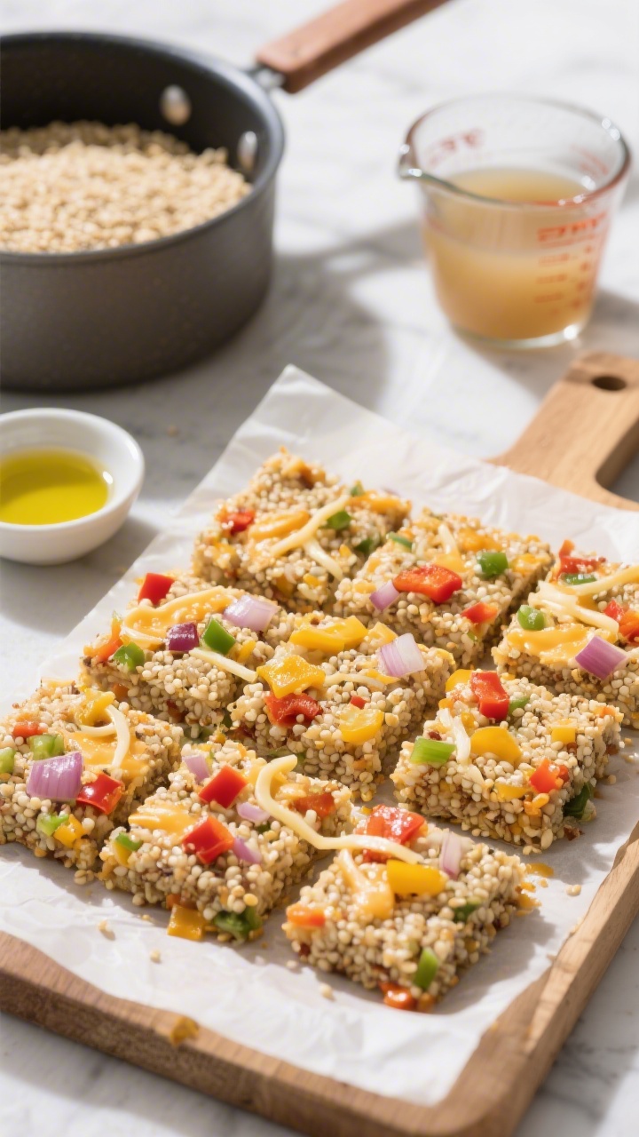 A 45-degree angle slice-and-serve scene of cheesy veggie quinoa squares on a parchment-lined cutting board, cleanly cut into even squares. The quinoa grains are distinct yet bound, studded with finely chopped bell pepper (red, yellow, or green), onion, and other mixed veggies; cheese threads visible at the edges with a light golden top. A drizzle of olive oil in a small dish, a pot of cooked quinoa and a measuring cup of low-sodium broth in the background for context. Bright, natural light with crisp shadows, family-friendly meal-prep vibe.