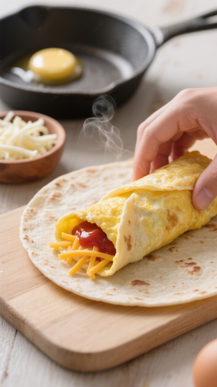 A 45-degree close-up of fluffy egg wrap roll-ups being assembled: a thin golden egg omelet (made from 2 large eggs whisked with a tablespoon of milk and a pinch of salt) rolled inside a warm 6–8 inch flour tortilla, melty shredded cheddar peeking out, a drizzle of ketchup inside. Butter-glossed skillet in the background with a pat of melted butter, a small bowl of shredded mozzarella, and a folded tortilla on a light wood surface. Soft morning light, shallow depth of field, steam gently rising for a warm, kid-friendly vibe.