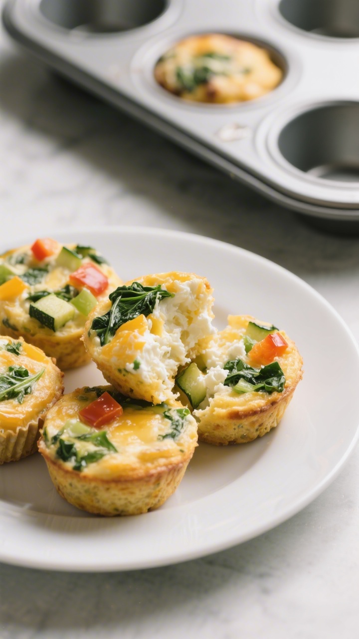 A 45-degree plated presentation of cheesy veggie egg muffins on a matte white plate, their silky-soft interiors visible where one muffin is sliced open, showing tender curds from cottage cheese/yogurt, finely chopped spinach, and very finely diced bell pepper or zucchini; a cooling muffin tin with a few muffins still inside sits in the background; natural side light highlights the custardy set and gentle sheen