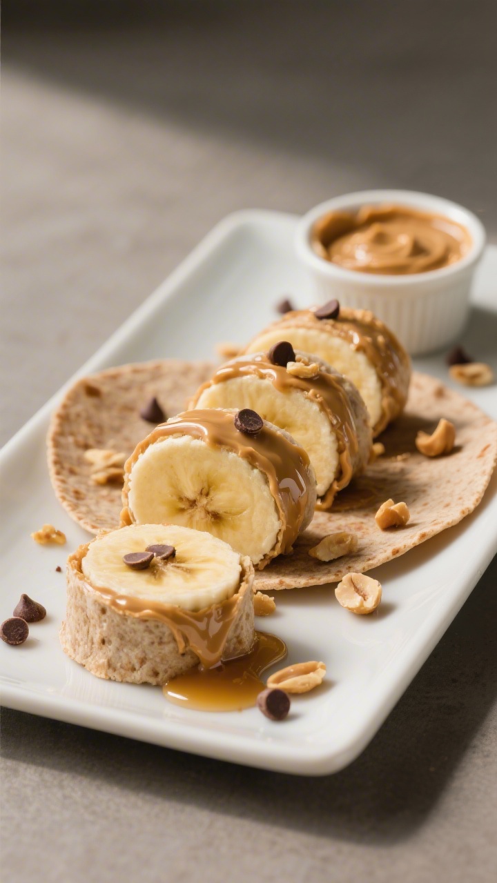 A 45-degree plated presentation of peanut butter banana “sushi” rolls: a whole-wheat tortilla spread with a glossy layer of peanut butter, wrapped snugly around a ripe banana, then sliced into neat bite-size rounds. Some pieces are drizzled with a touch of honey and sprinkled with mini chocolate chips and a few crushed peanuts. Arranged in a tidy row on a matte white rectangular plate with a small ramekin of extra peanut butter; warm, soft light emphasizing the creamy-smooth and nutty textures.