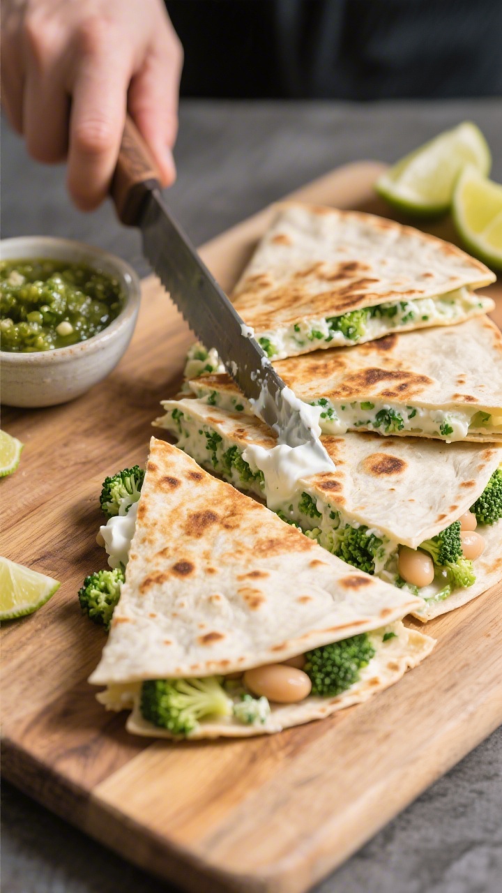 A 45-degree process shot of creamy broccoli white bean quesadillas being sliced on a wooden board: tortillas toasted golden with a few char spots, oozing a creamy filling made from very finely chopped steamed broccoli, mashed cannellini beans, and a touch of plain whole-milk Greek yogurt; wedges fanned out to reveal the green-speckled, velvety interior; a small bowl of salsa verde and lime wedges nearby; crisp, clean styling with emphasis on creamy texture and melty edges.