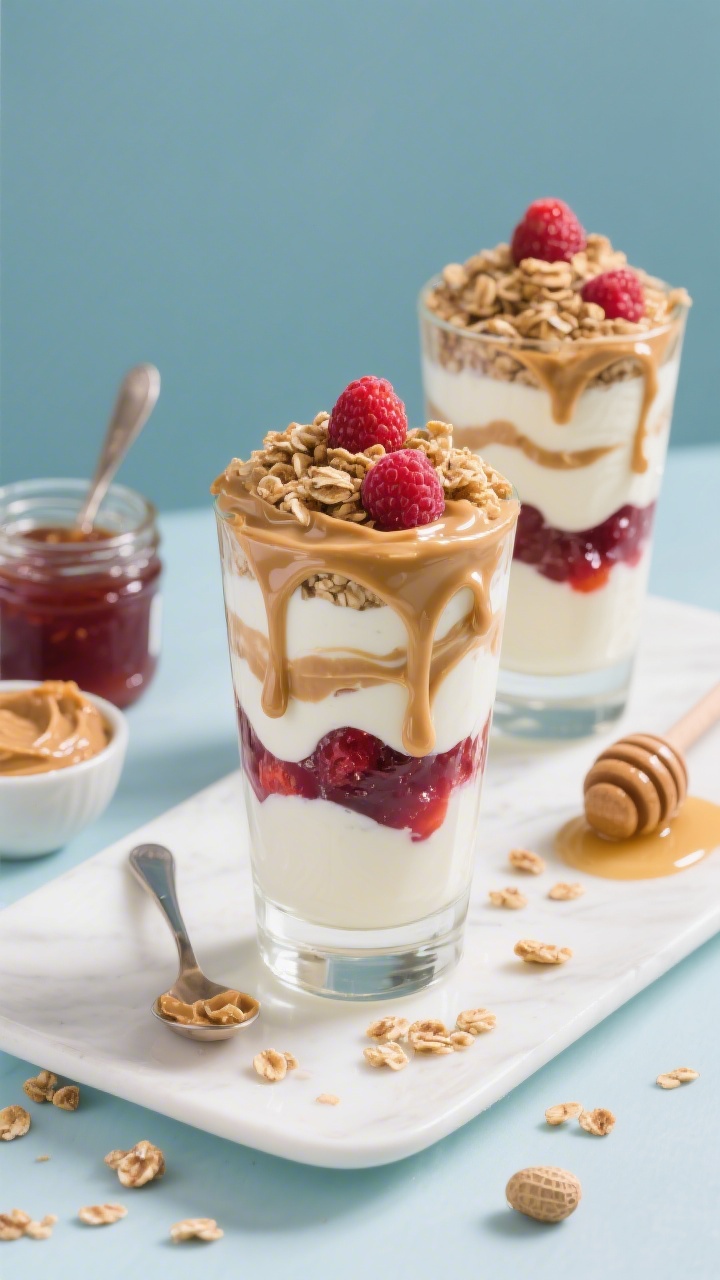 A clean plated presentation at a 45-degree angle of PB&J yogurt parfaits in tall glasses: layers of creamy Greek yogurt blended with peanut butter and a touch of maple syrup, swirled with ribbons of strawberry-raspberry jam, and finished with a crunchy granola layer; glossy peanut butter drips along the glass, jewel-toned jam pockets visible, and extra granola scattered on the tabletop; props include a jar of jam with a spoon, a small bowl of peanut butter, and a honey dipper; bright, kid-friendly, irresistibly spoonable look