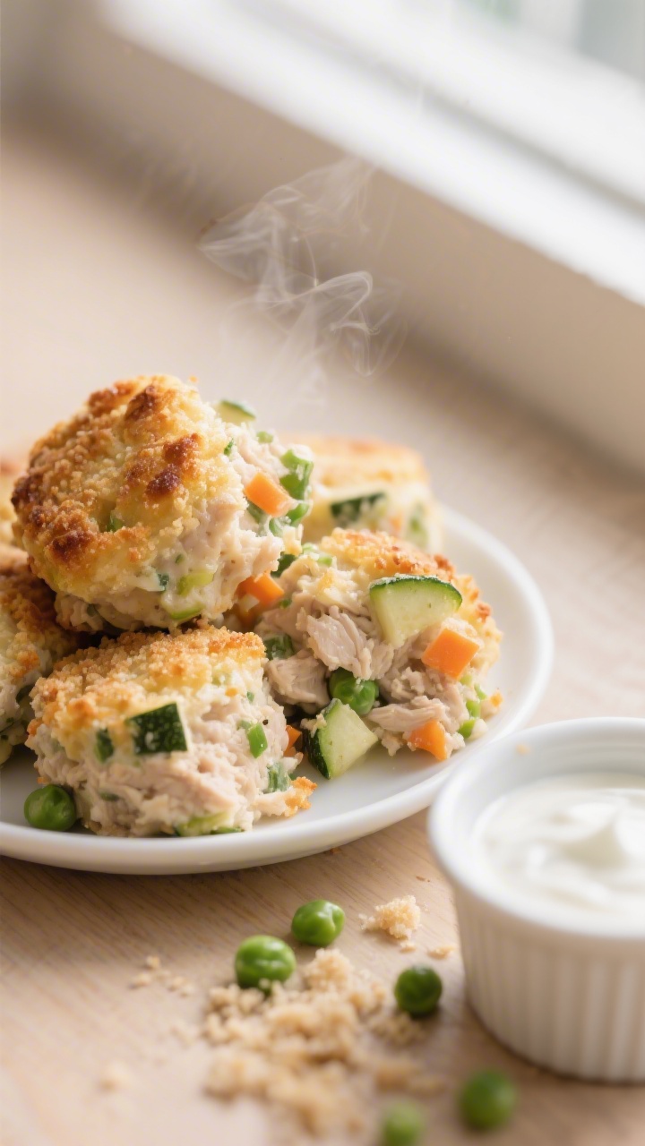 A close-up, 45-degree angle shot of creamy chicken veggie bites fresh from the oven, golden on the edges and moist inside, piled on a small toddler-sized white plate. Visible flecks of finely grated zucchini and carrot, tiny chopped peas, and tender ground chicken texture peeking through a light breadcrumb crust. A ramekin of mild yogurt dip on the side, a few loose chopped peas and breadcrumb crumbs scattered on a light wooden surface. Soft natural window light, shallow depth of field, steam subtly rising for warmth.