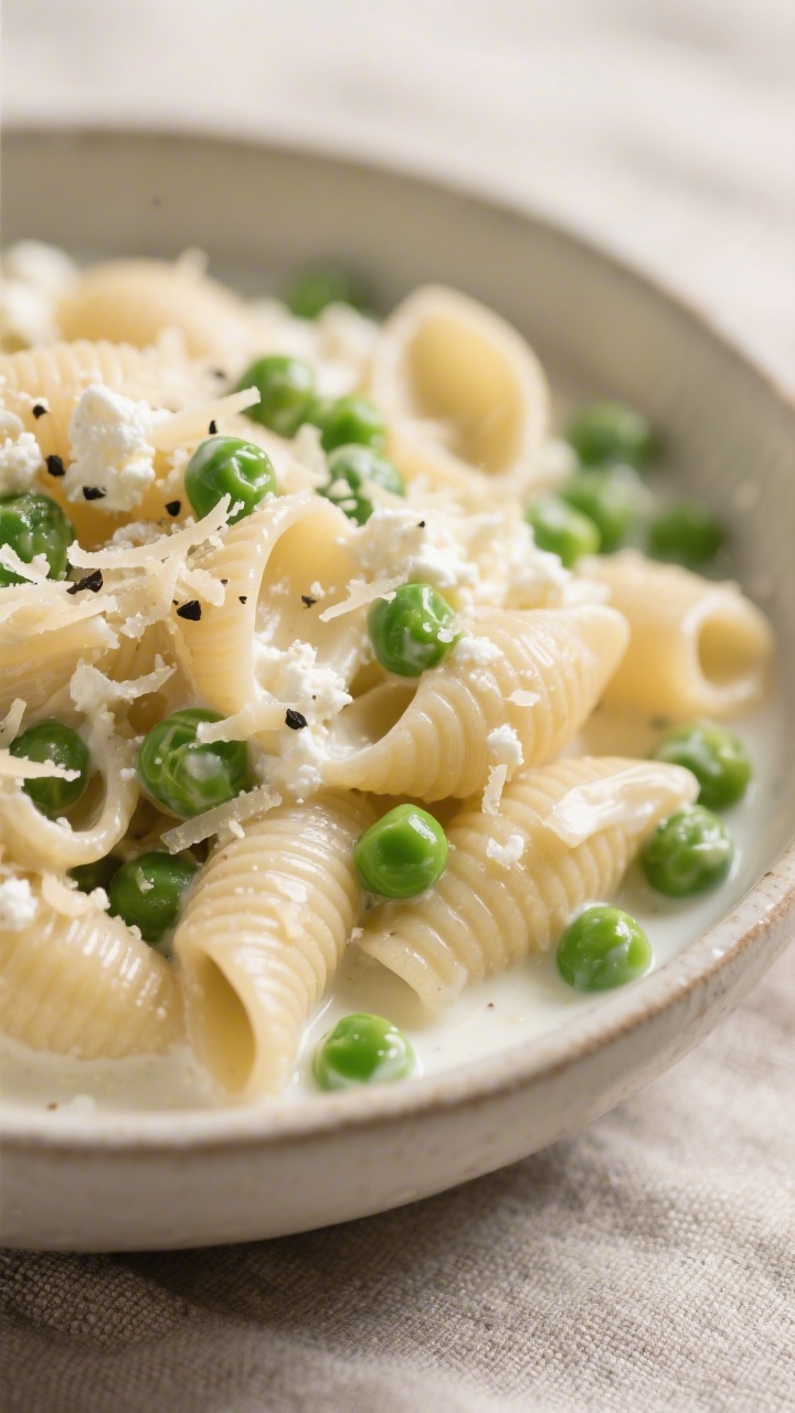 A close-up bowl shot of Creamy Cottage Cheese Pasta With Peas: short pasta shells tossed with cottage cheese, grated Parmesan, garlic, and milk, peas nestled in the curves, finished with extra Parmesan and a crack of black pepper. Focus on glossy, creamy sauce clinging to ridges, bright green peas popping against pale pasta. Neutral ceramic bowl on a linen, soft side lighting.