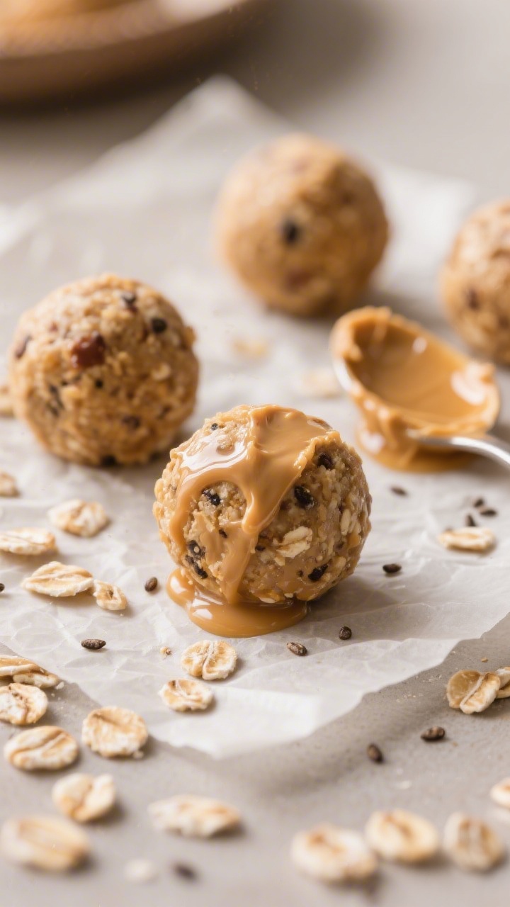 A close-up of no-bake peanut butter power bites on parchment: round, slightly rustic spheres packed with quick oats, natural peanut butter, flecks of ground flaxseed and chia seeds, with a glossy sheen from honey; visible oat texture and seed speckles, a spoon with sticky peanut butter and a drizzle of maple syrup in the background, shallow depth of field highlighting the front bite.