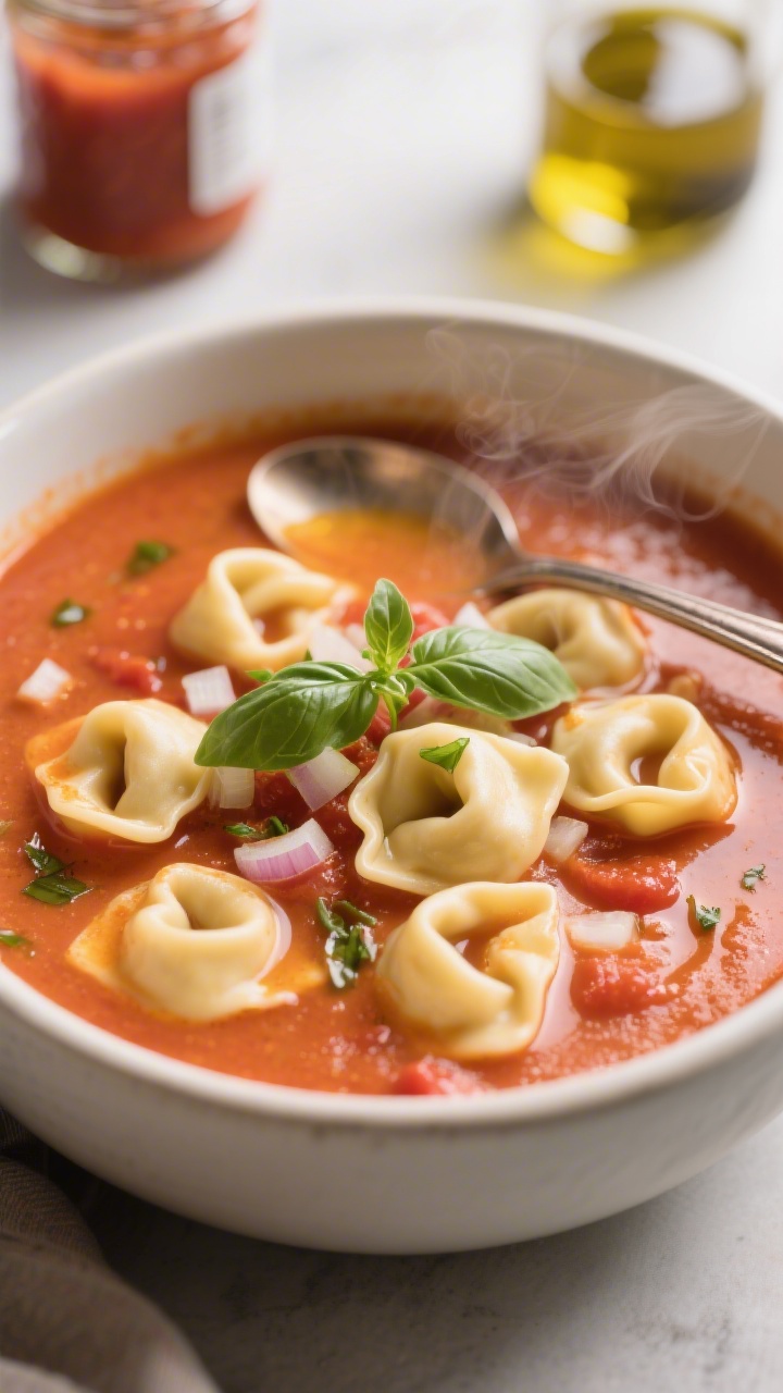 A close-up, straight-on bowl of creamy tomato basil tortellini soup: plump cheese tortellini swimming in a velvety marinara-and-broth base, streaks of olive oil on the surface, finely chopped onions integrated, and fresh basil ribbons scattered on top. Serve in a matte off-white bowl with a spoon resting on the rim, light steam rising. Include a jar of marinara and a drizzle of olive oil in the background blur; emphasis on silky texture and rich tomato hue.