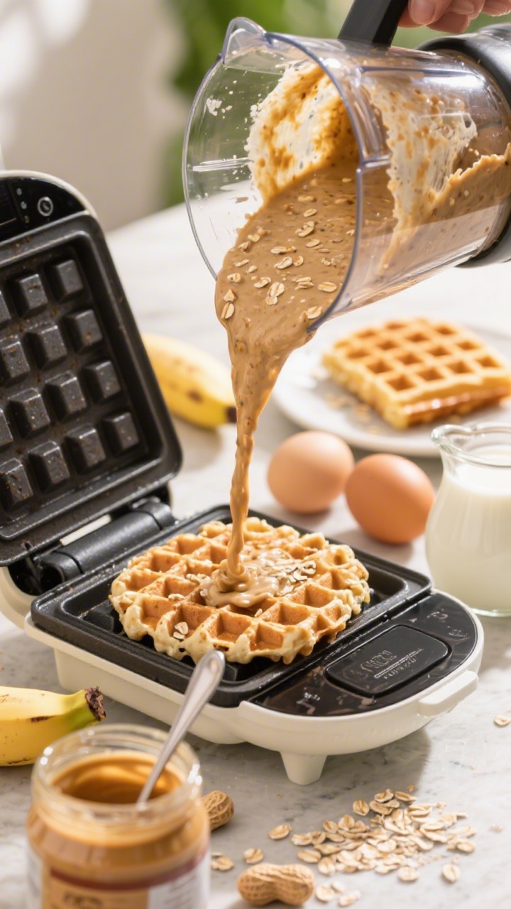 A dynamic process shot at 45 degrees: peanut butter oat blender waffle batter being poured from a blender onto a hot waffle iron, with visible flecks of oats in the thick batter; ingredients staged around—ripe banana, natural peanut butter jar open with a spoon, eggs, and a small pitcher of milk; finished golden waffle quarter in the background with crisp edges; bright, energetic morning light.